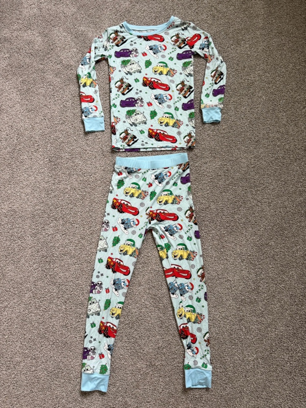 Kids Light Blue Pixar Cars Christmas Print Pajama Set - Long Sleeve & Pants